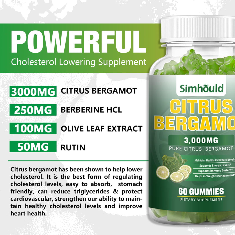 Simhould Citrus Bergamot Gummies label closeup highlights flavonoids and polyphenols for antioxidant support.