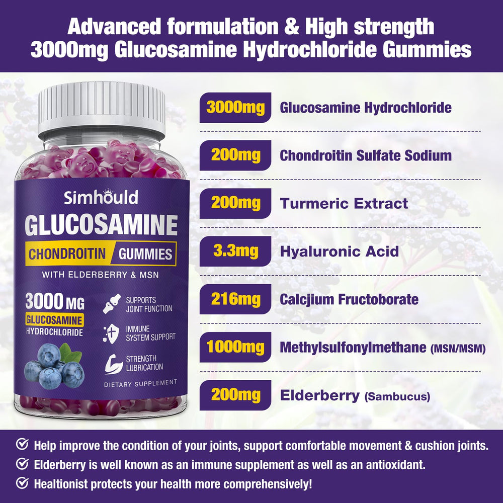 Close-up of Simhould glucosamine chondroitin gummies ingredient label.