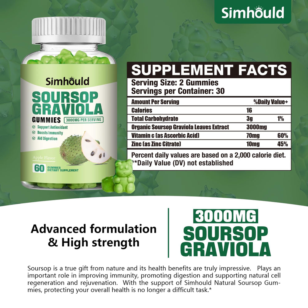 Simhould Soursop Gummies 2-pack bottle back label shows dosage and non-GMO details