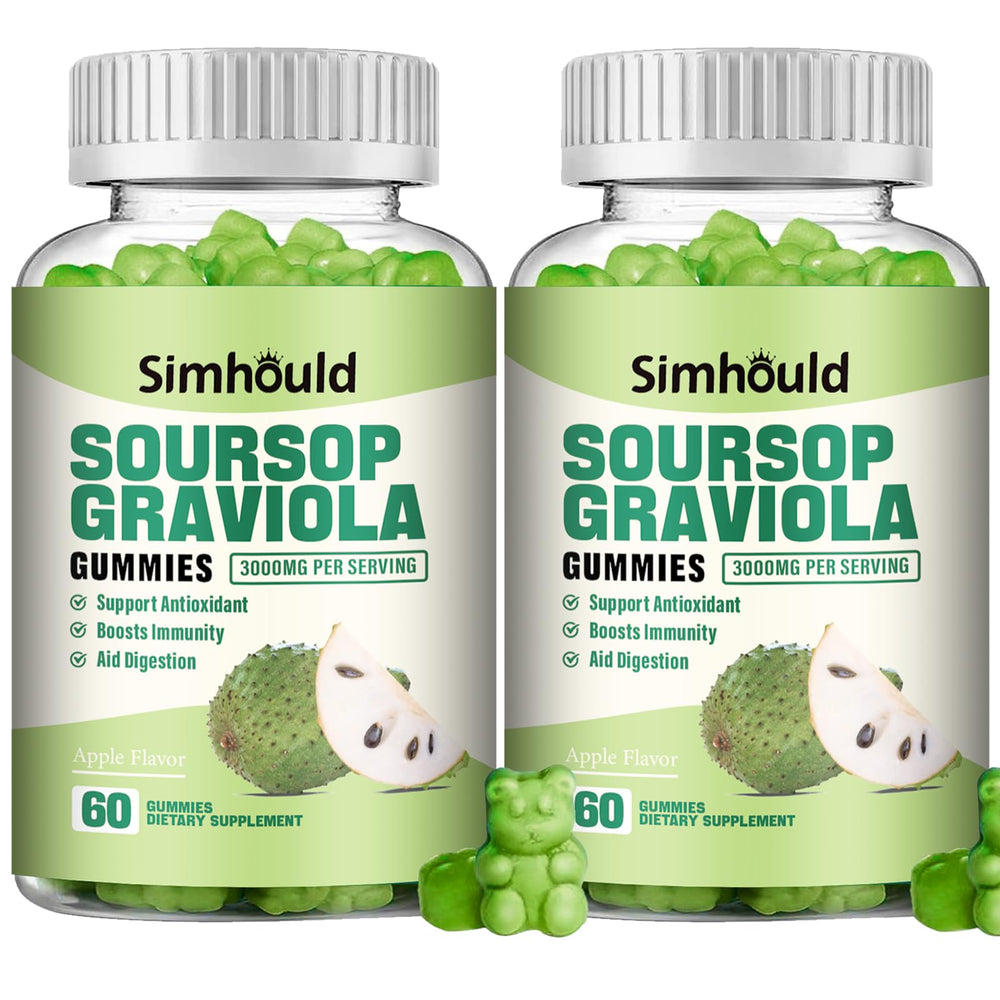 Simhould Soursop Gummies 2-pack bottle front view highlights vegan, sugar-free immune support