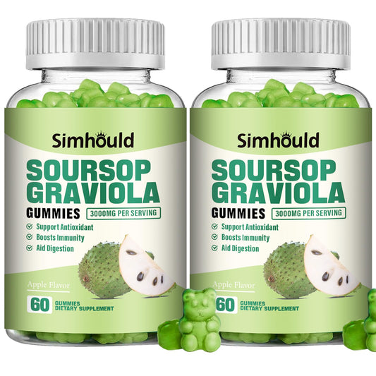 Simhould Soursop Gummies 2-pack bottle front view highlights vegan, sugar-free immune support