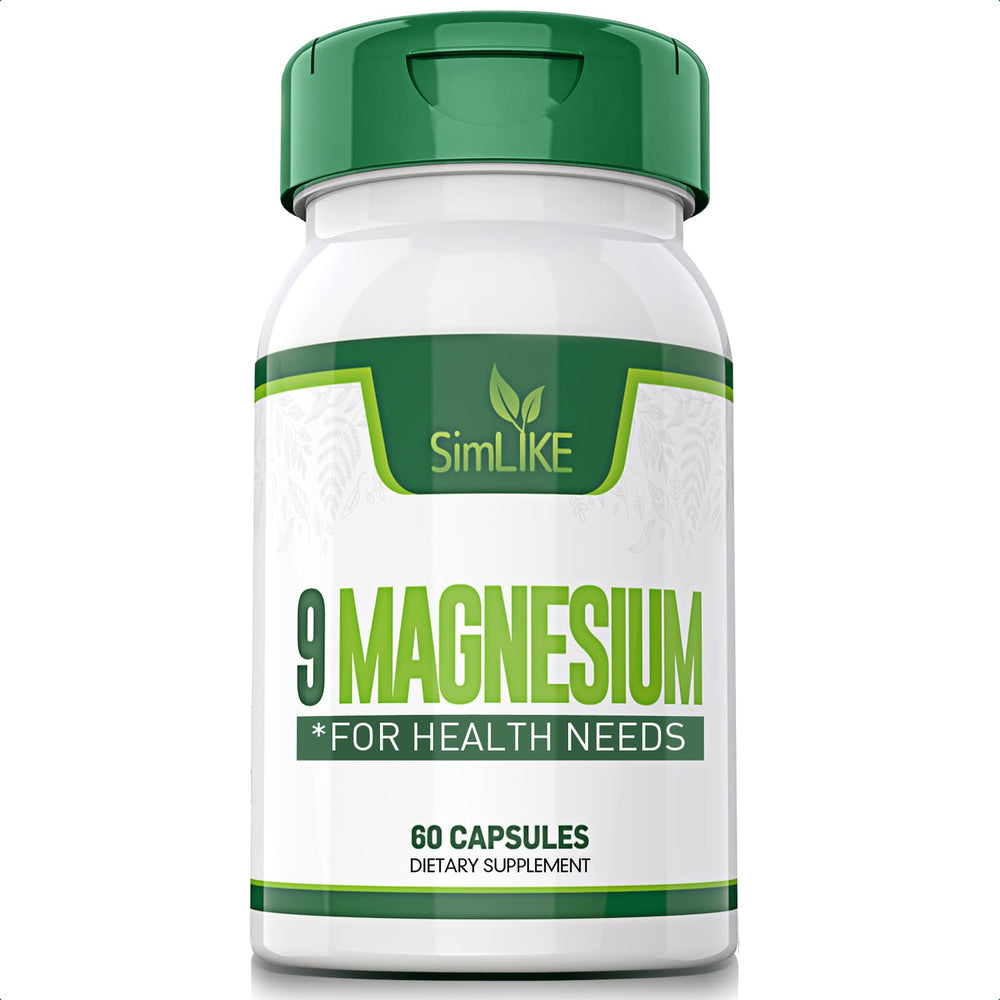 Simlike 9 magnesium forms capsules on bottle showing multi-form blend for absorption