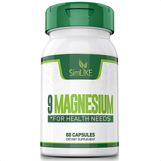 Simlike 9 magnesium forms capsules on bottle showing multi-form blend for absorption