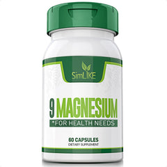 Simlike 9 magnesium forms capsules on bottle showing multi-form blend for absorption