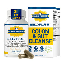 Simple Promise BellyFlush bottle close-up showing gentle gut support packaging
