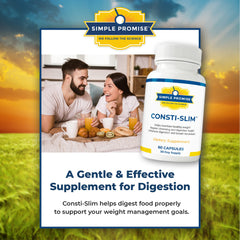 Consti-Slim ingredients panel highlights Bentonite clay, Psyllium, and Aloe for gut wellness.