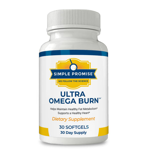 Simple Promise Ultra Omega Burn softgels closeup; high-purity Omega-7 supports healthy fat metabolism.