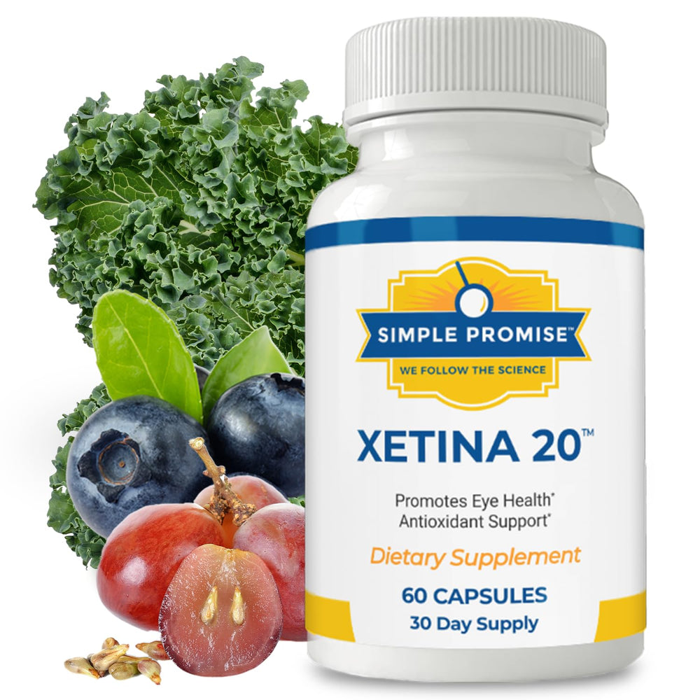 Simple Promise Xetina 20 bottle-front showing capsules for daily eye health.