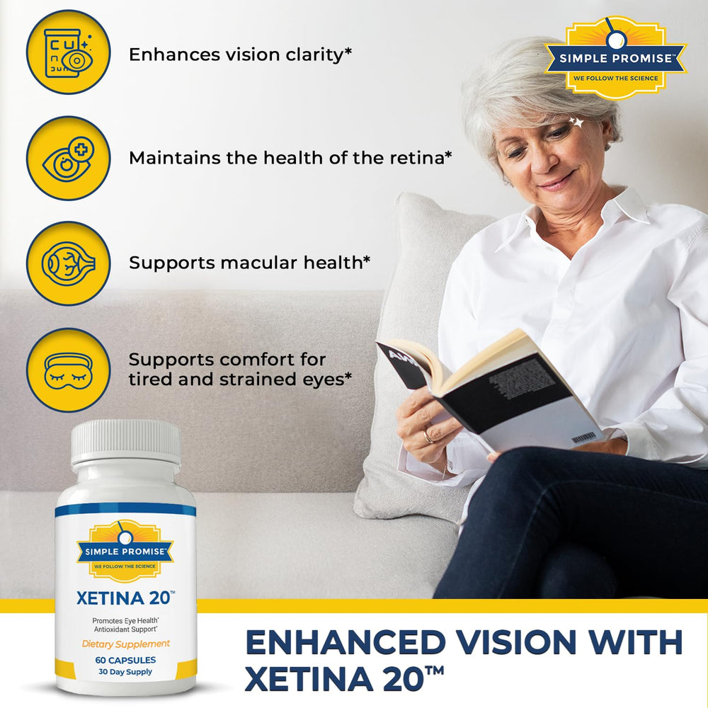 Simple Promise Xetina 20 box-on-desk conveys premium daily supplements.