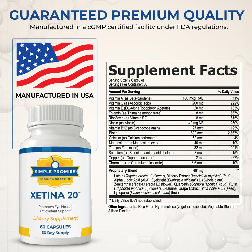 Simple Promise Xetina 20 capsules-closeup highlighting lutein and zeaxanthin.