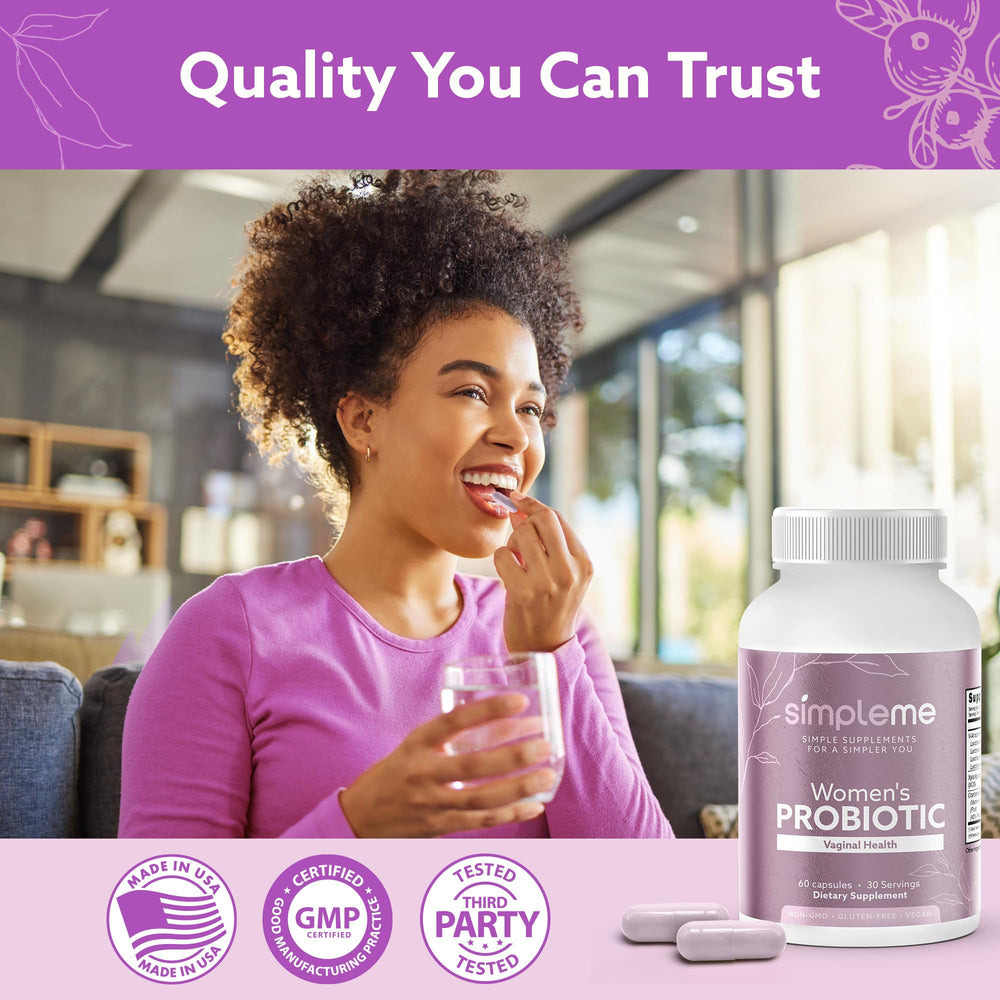 Simpleme bottle on bathroom shelf for convenient daily regimen.