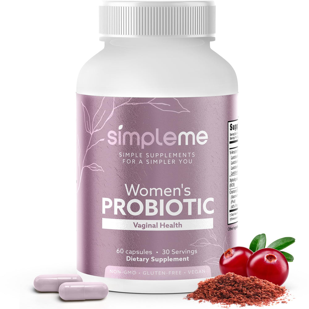 Simpleme Women's Probiotics Cranberry capsules bottle close-up showing daily health support.