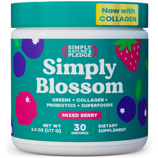 Simply Blossom Greens Powder tub highlighting 45+ nutrients for daily wellness