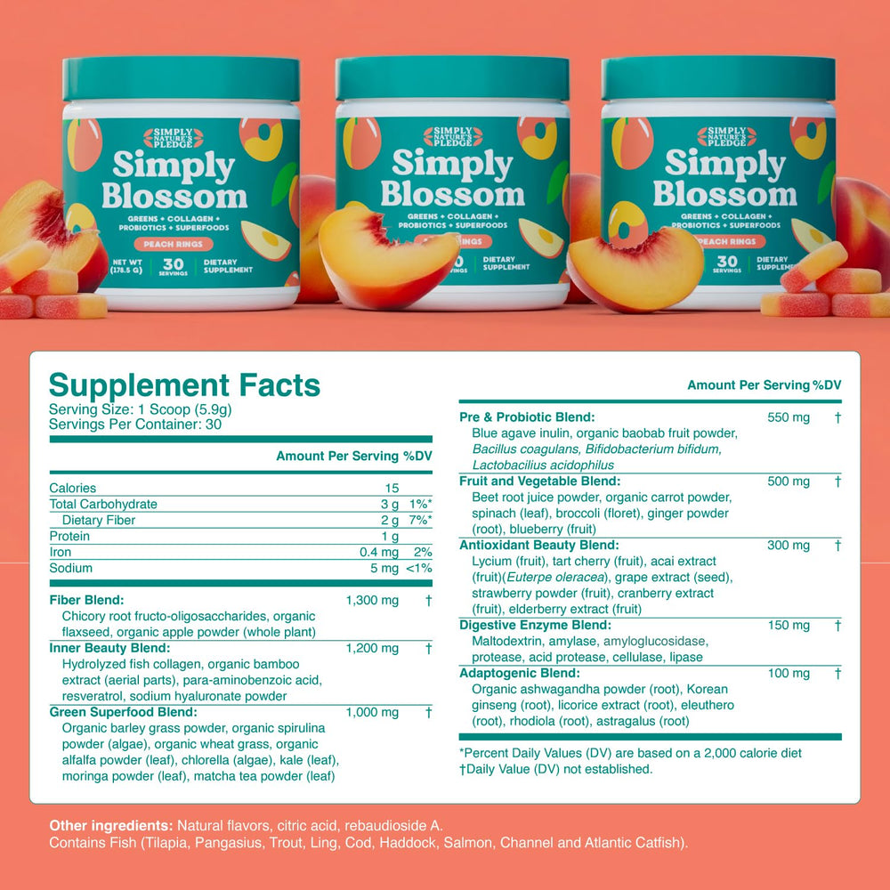 Simply Blossom Peach Rings powder with a scoop emphasizes refreshing flavor for daily use.