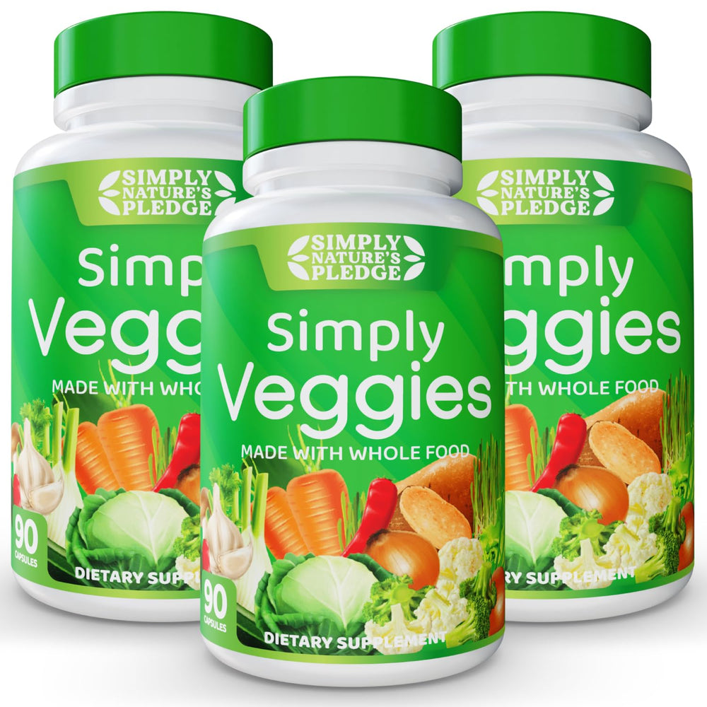 Simply Nature's Pledge bottle pour showing easy capsules for daily veggie nutrition.