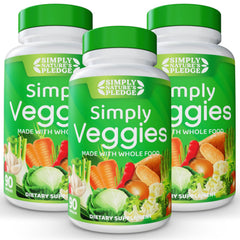 Simply Nature's Pledge bottle pour showing easy capsules for daily veggie nutrition.