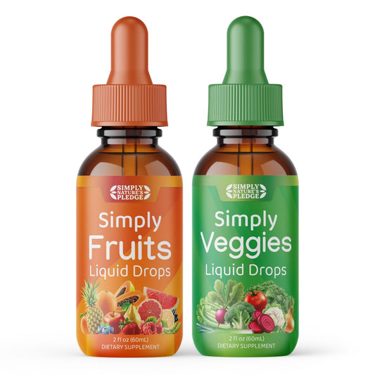 Simply Nature's Pledge fruit and veggie drops bottle showing whole-food nutrition for daily wellness.