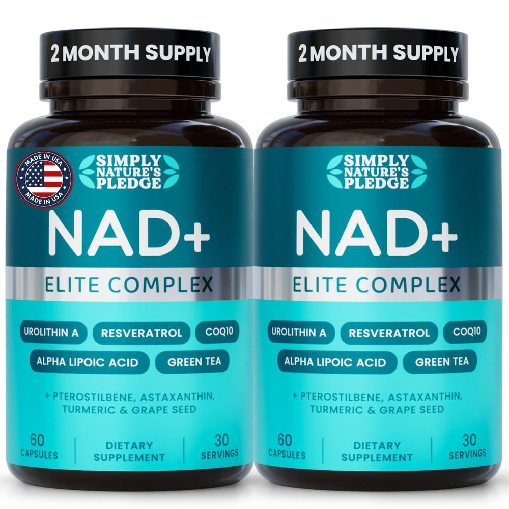 Simply Nature's Pledge NAD+ Elite bottle pouring capsules signaling energy support and mitochondrial health.