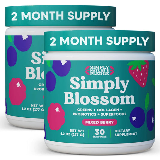 Simply Blossom greens powder bottle for daily nutrient boost