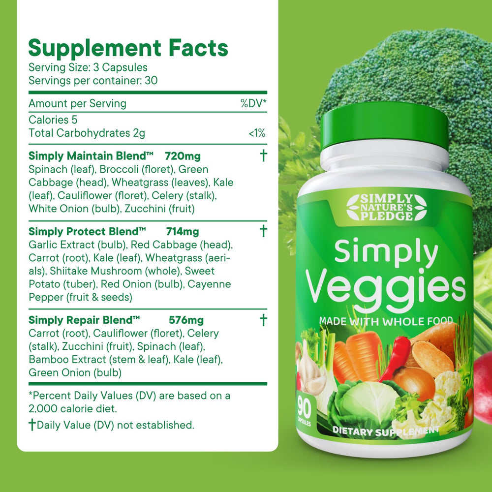 Simply Nature's Pledge vegetable mix label indicates a 42+ fruit and vegetable blend.