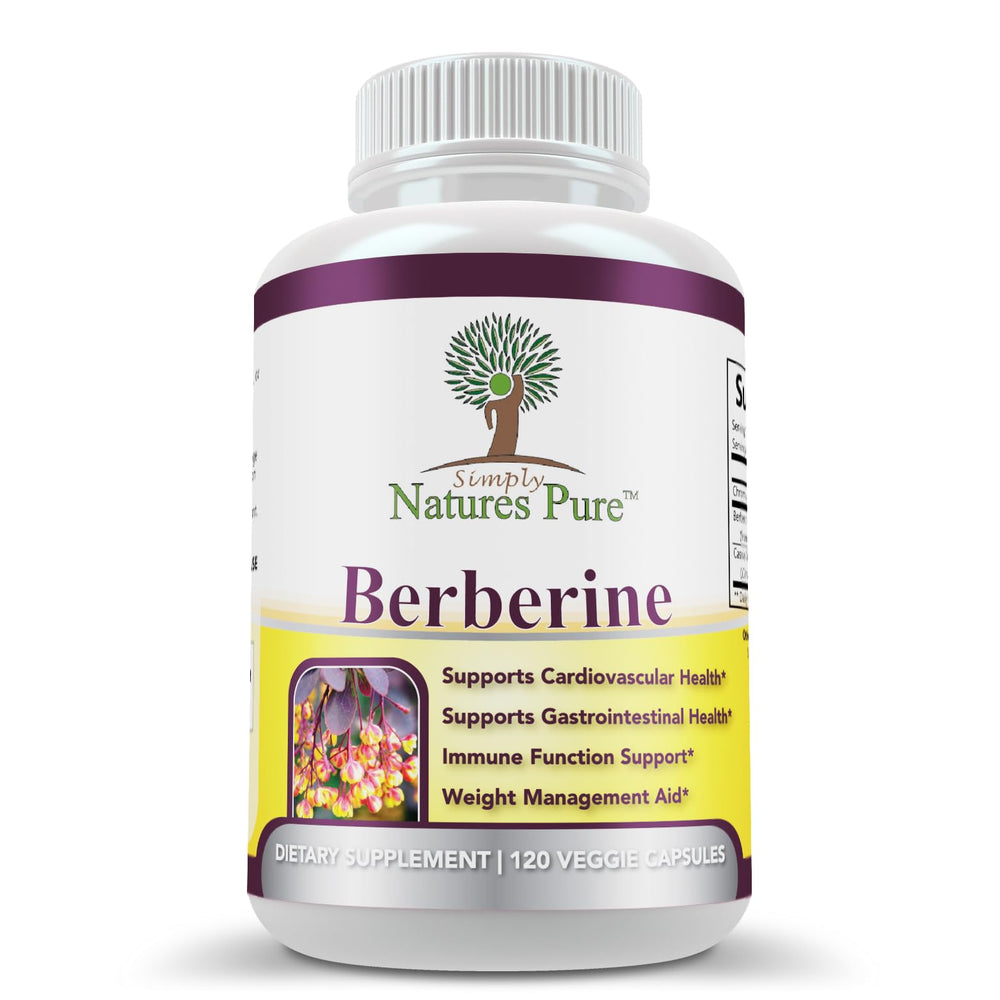 Simply Natures Pure Berberine 500mg bottle supports daily digestive and cardiovascular wellness.
