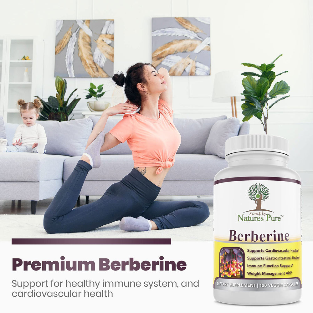 Simply Natures Pure Berberine bottle with glass of water for your daily use.