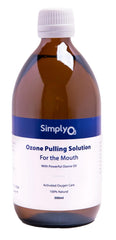 Simply O3 olive oil pulling bottle; ozone solution for gum care and fresh breath.