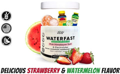 WATERFAST tub beside pink Himalayan sea salt highlights mineral-rich electrolyte blend