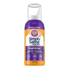 Simply Saline Plus Nighttime Eucalyptus bottle pour for easy, drug-free congestion relief at night.