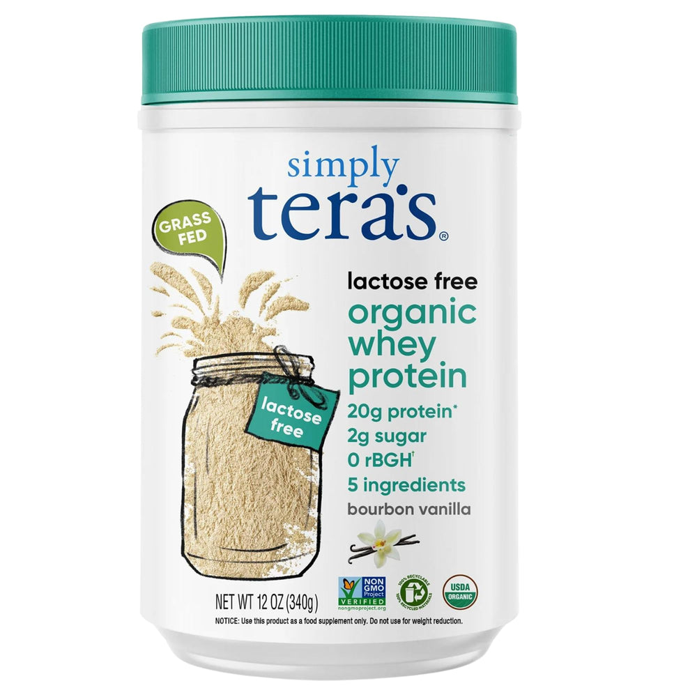 Simply tera's lactose-free whey vanilla powder jar for easy digestion.