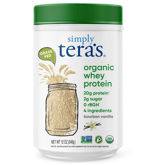 Simply Tera's Organic Whey Vanilla Powder tub showing the label for a protein boost