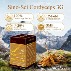 Sino-Sci Cordyceps label and bottle emphasize premium Tibet origin and 12X extract.