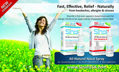 Sinol Headache Relief Spray ingredients panel highlights natural components.