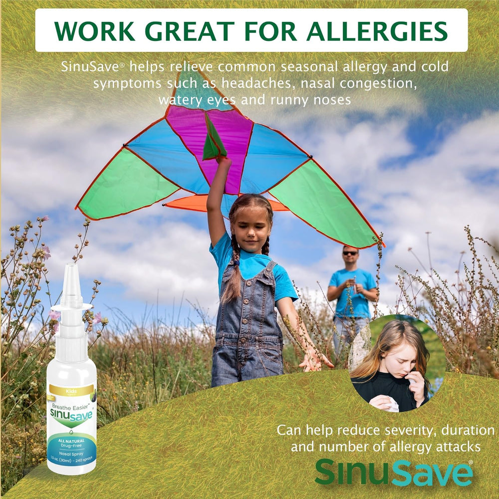 Sinusave Kids Strength packaging box showcasing USA-made natural ingredients and easy use.