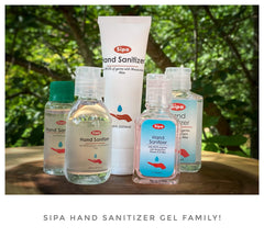 SIPA hand sanitizer bottle highlights clean scent and Aloe Vitamin E hydration.