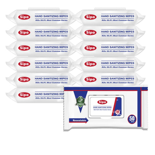 SIPA hand sanitizing wipes bag with 50 wipes for on-the-go cleanliness