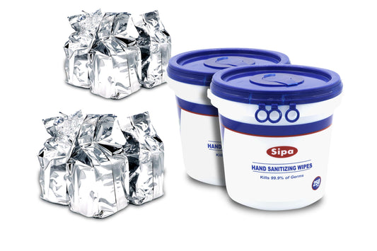 SIPA Hand Sanitizing Wipes bucket front view highlights bulk convenience.