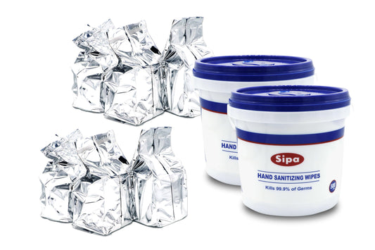 SIPA Hand Sanitizing Wipes bucket setup for bulk cleaning on the go.