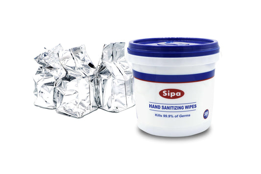 SIPA hand sanitizing wipes in bucket for bulk cleaning and quick access