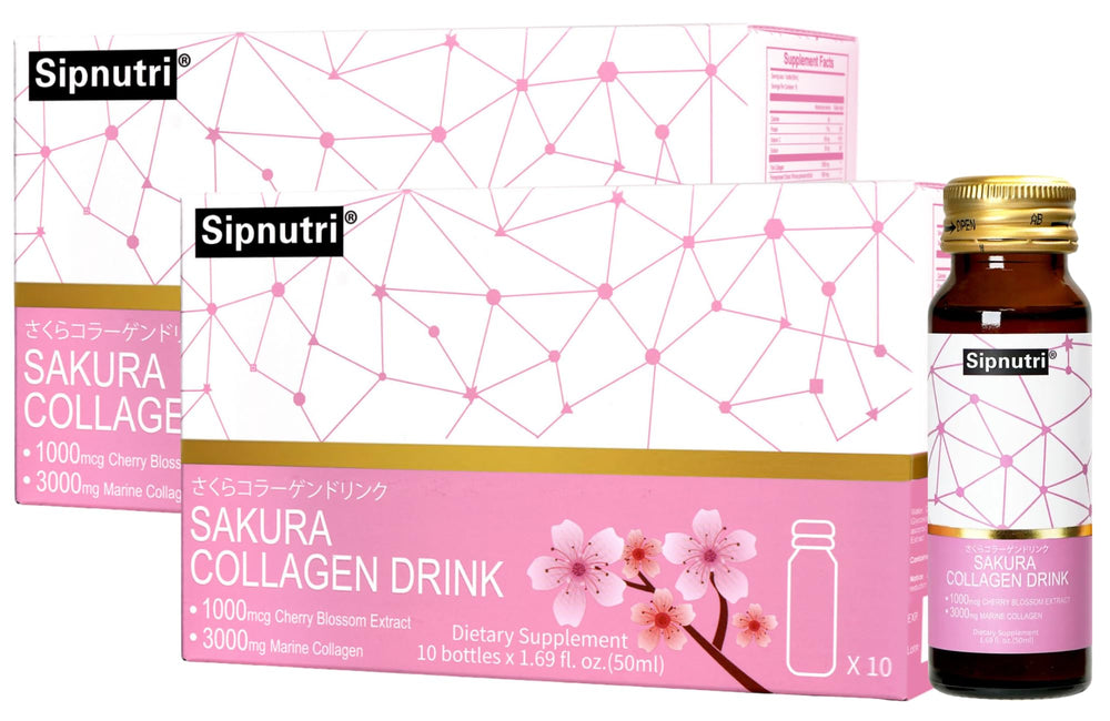 Sipnutri Sakura Collagen Drink bottle shown for on-the-go beauty support.