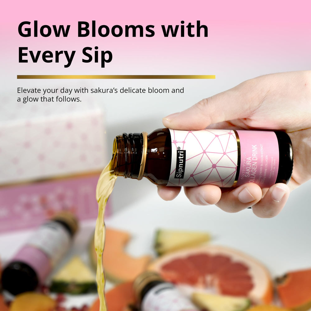 Cold Sipnutri Sakura Collagen Drink served in a glass with ice.