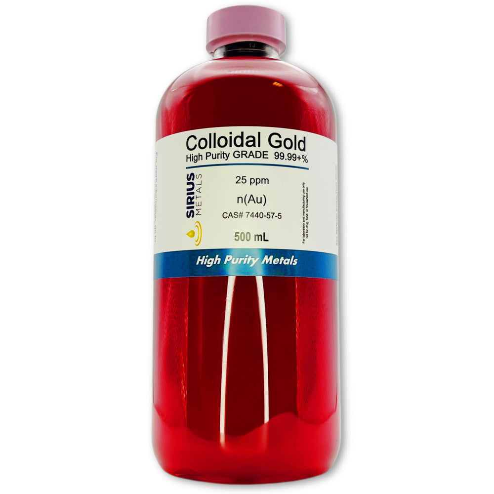 Sirius Metals True Colloidal Gold bottle showcasing high-purity gold nanoparticles for experiments
