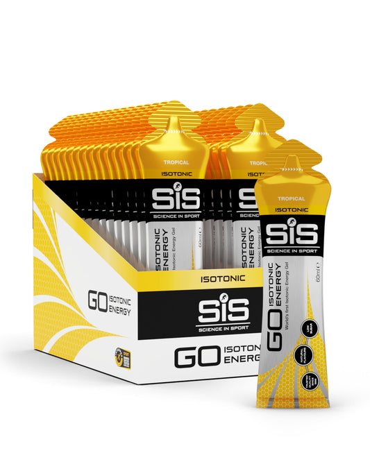Science in Sport SIS Gel GO isotonic energy tropical bottle in a packshot.