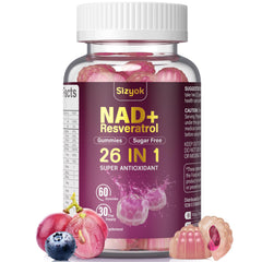 Sizyok NAD Resveratrol Gummies bottle with 60 gummies highlighting antioxidant support
