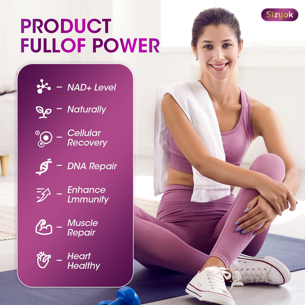 Sizyok NAD Resveratrol Gummies ingredients panel highlights hydrolyzed collagen and grape seed