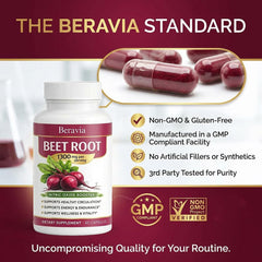Close-up of Skaal Beravia beet root capsules highlighting vegan, non-GMO extract.