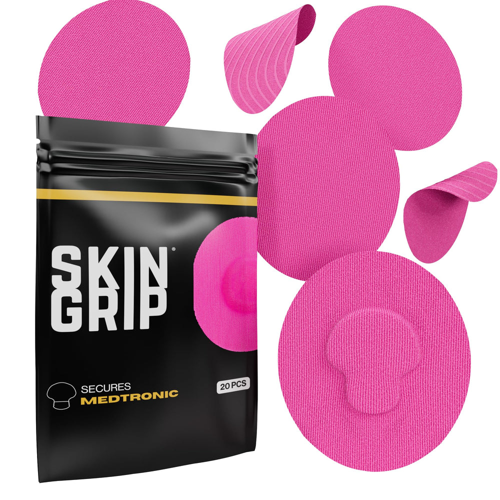 Skin Grip CGM patch on Medtronic Guardian, pink, secure wear during workouts.