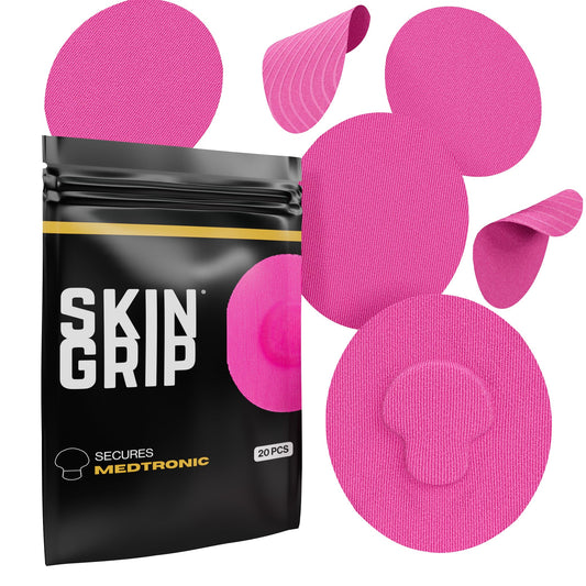 Skin Grip CGM patch on Medtronic Guardian, pink, secure wear during workouts.