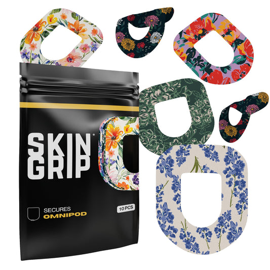 Skin Grip CGM patch for Omnipod with floral design securing sensor during daily wear.