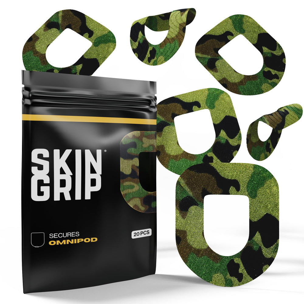 Skin Grip Insulet Patch camouflage waterproof closeup showing durable, secure wear